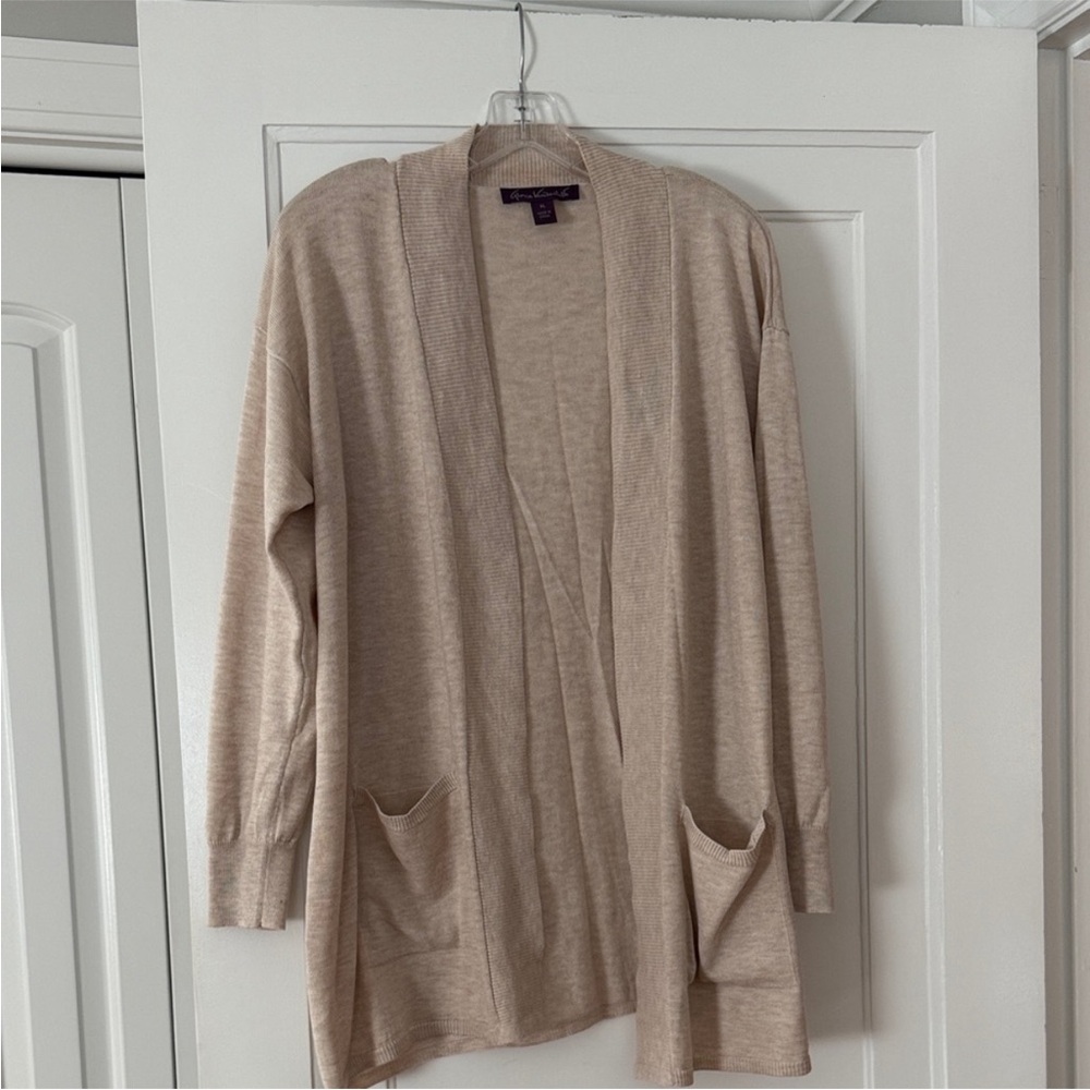 Gloria Vanderbilt Open Front Cardigan XL Beige Lightweight Knit Sweater Pockets